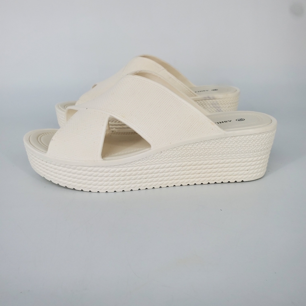 Ashley Blue Comfort Crisscross White Wedge Slides Size 10 Shoes